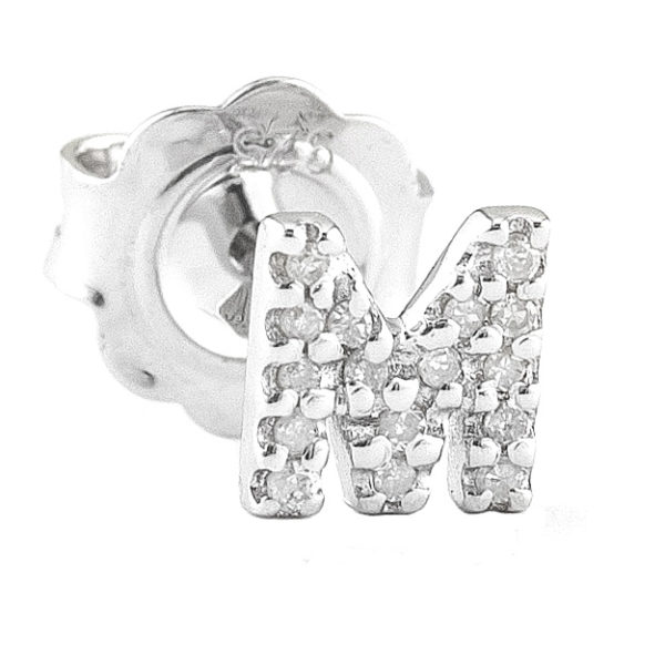 Sterling Silver Initial Single Prong Diamond Earrings (Silver Diamond "m" Earring)