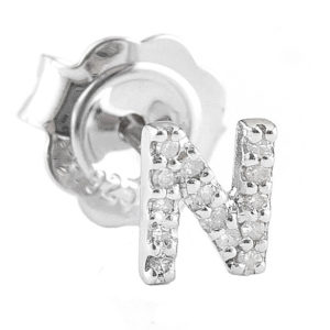 Sterling Silver Initial Round Prong Diamond Earrings (Silver Diamond "n" Earring)