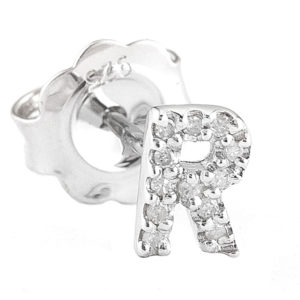 Sterling Silver Initial Round Prong Diamond Earrings (Silver Diamond "r" Earring)