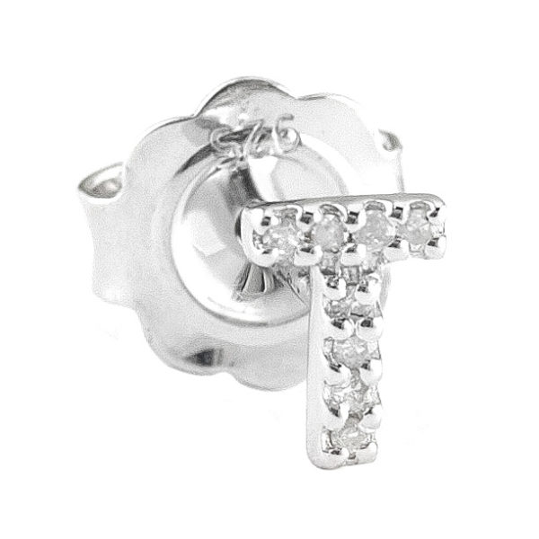 Sterling Silver Initial Round Prong Diamond Earrings (Silver Diamond "t" Earring)