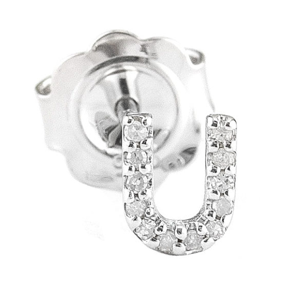 Sterling Silver Initial Round Prong Diamond Earrings (Silver Diamond "u" Earring)