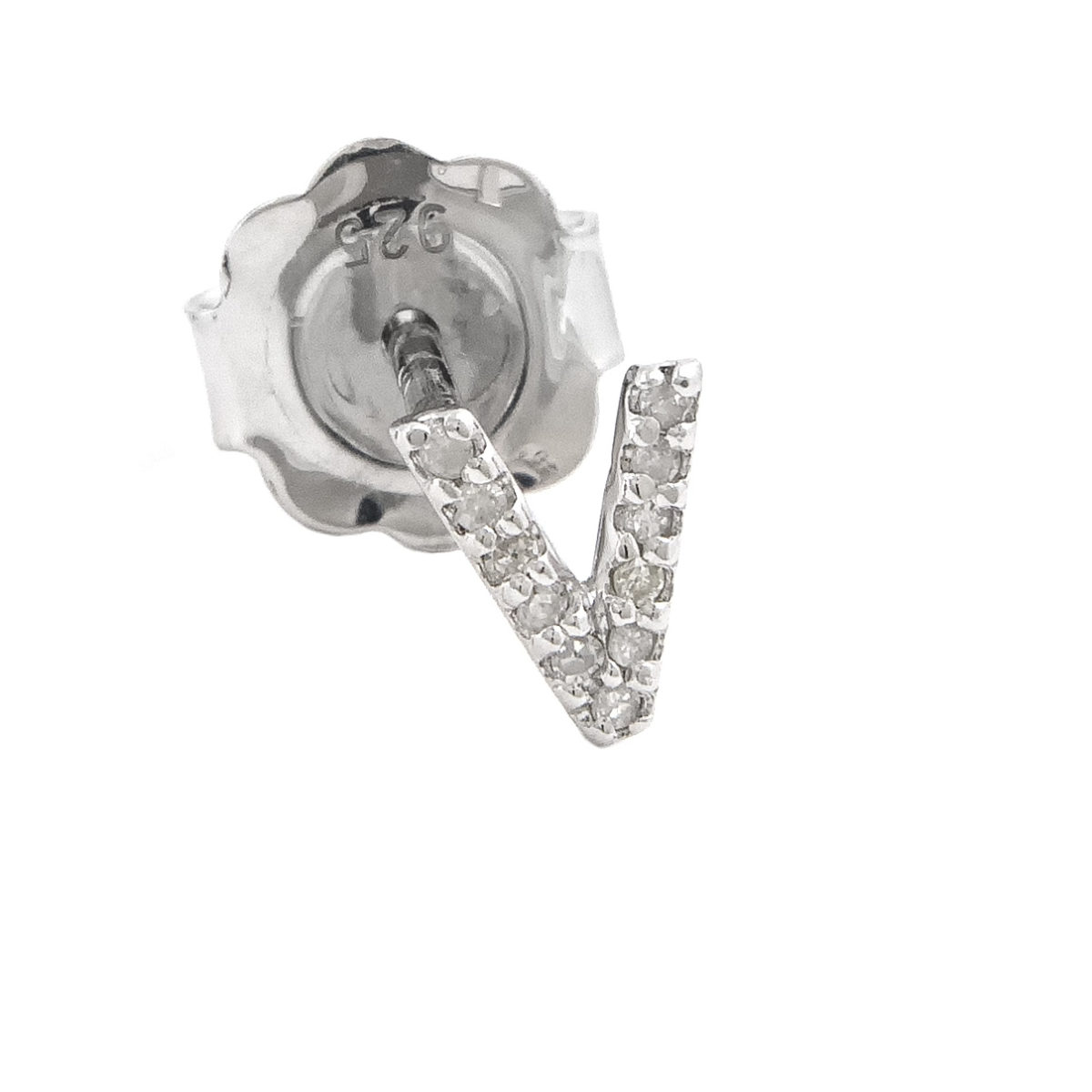 Sterling Silver Initial Round Prong Diamond Earrings (Silver Diamond "v" Earring)