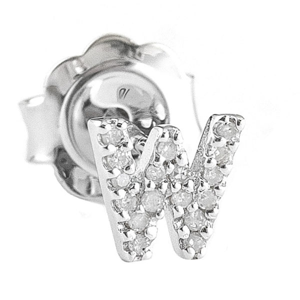 Sterling Silver Initial Round Prong Diamond Earrings (Silver Diamond "w" Earring)