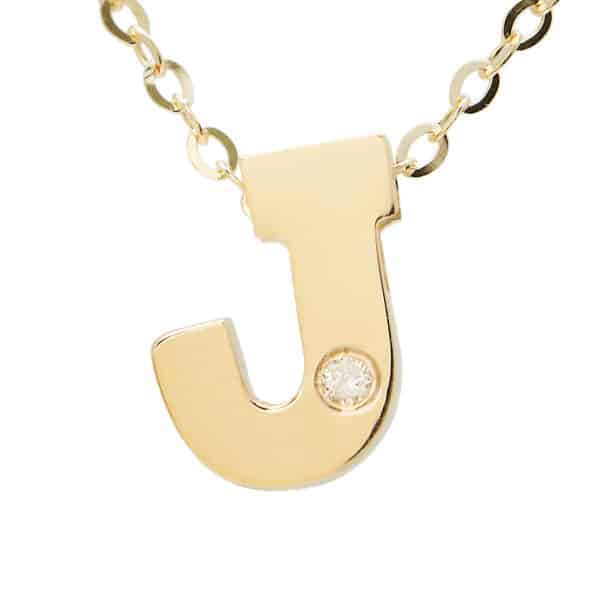 Yellow Gold Initial Round Bezel Diamond Necklace (14k Yg Initial J W/ Diamond And Chain (16+2"))