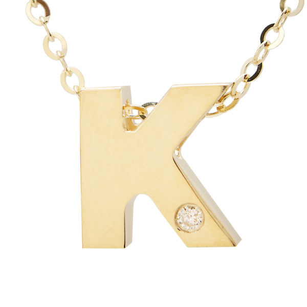 Yellow Gold Initial Round Bezel Diamond Necklace (14k Yg Initial K W/ Diamond And Chain (16+2"))