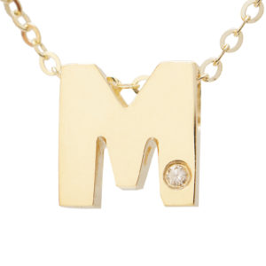 Yellow Gold Initial Round Bezel Diamond Necklace (14k Yg Initial M W/ Diamond And Chain (16+2"))