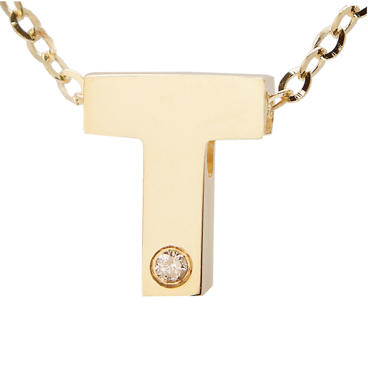 Yellow Gold Initial Round Bezel Diamond Necklace (14k Yg Initial T W/ Diamond And Chain (16+2"))