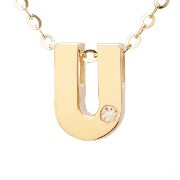 Yellow Gold Initial Round Bezel Diamond Necklace (14k Yg Initial U W/ Diamond And Chain (16+2"))