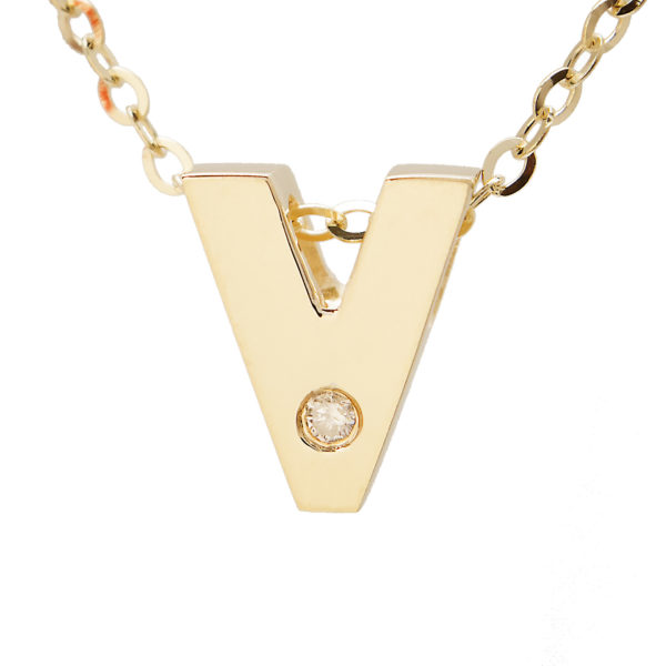 Yellow Gold Initial Round Bezel Diamond Necklace (14k Yg Initial V W/ Diamond And Chain (16+2"))