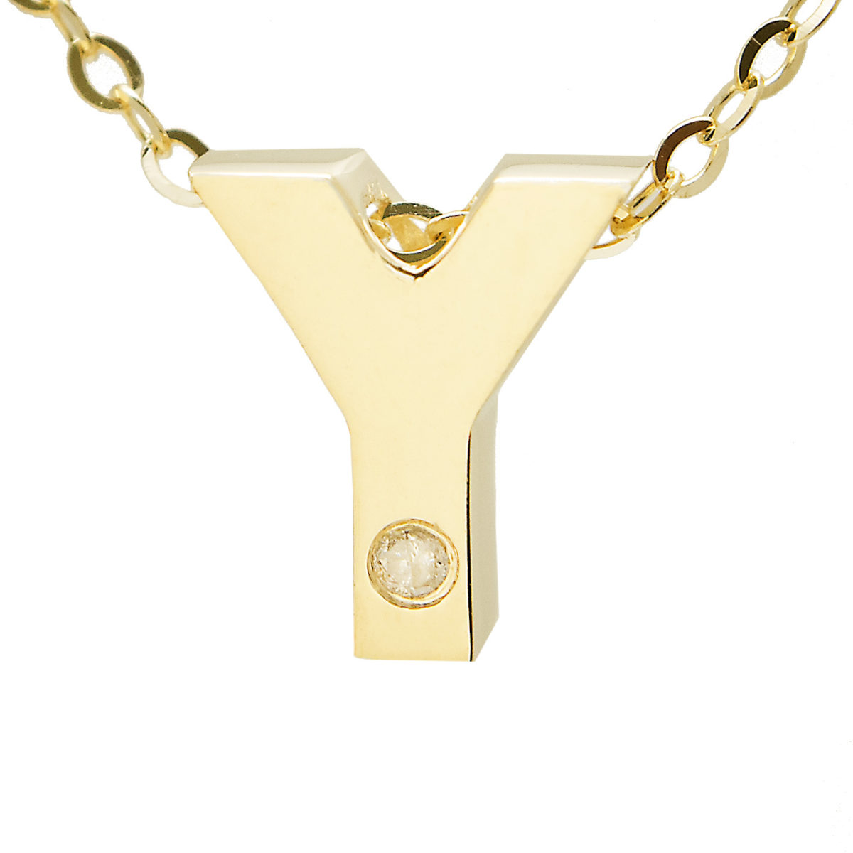 Yellow Gold Initial Round Bezel Diamond Necklace (14k Yg Initial Y W/ Diamond And Chain (16+2"))