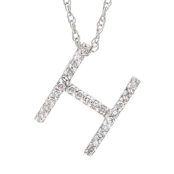 White Gold Initial Single Pave Diamond Pendant (Diamond "h" (Wg/With Chain))