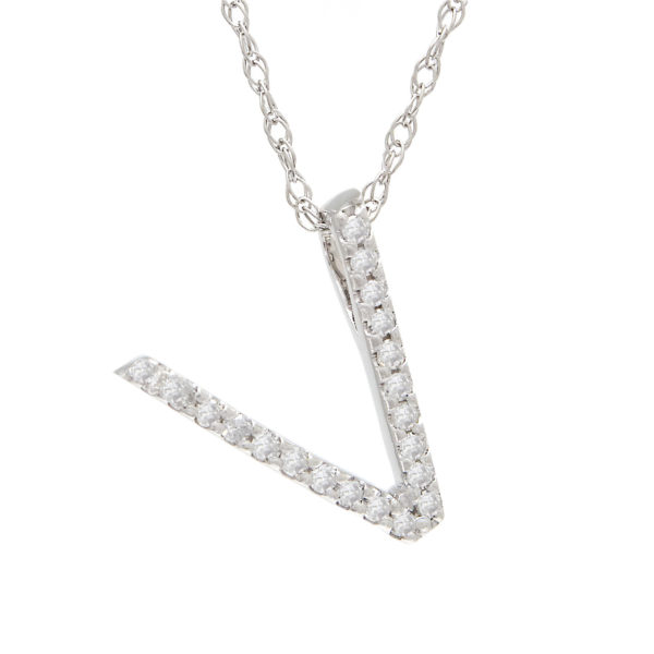 White Gold Initial Single Pave Diamond Pendant (Diamond "v" (Wg/With Chain))