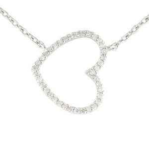 Sterling Silver Heart Single Prong Diamond Necklace (Silver Diamond Sideways Heart Necklace (16"+2"))