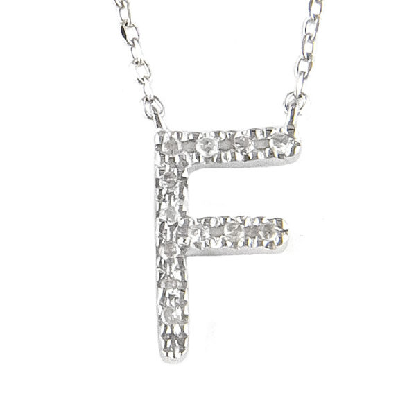 Sterling Silver Initial Round Prong Diamond Necklace (Silver Diamond Initial "f" Necklace)