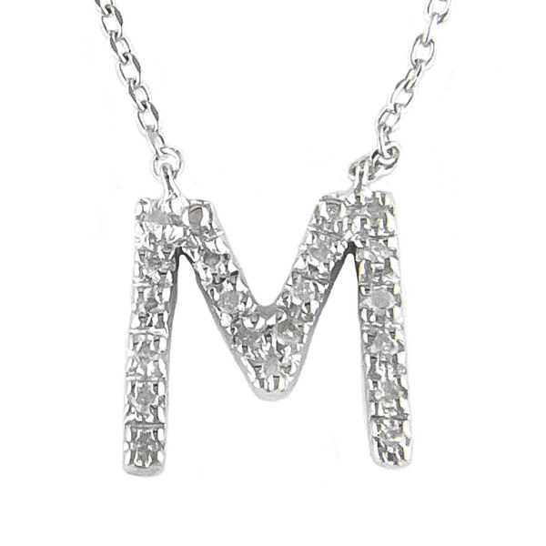 Sterling Silver Initial Round Prong Diamond Necklace (Silver Diamond Initial "m" Necklace)