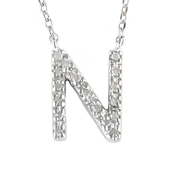 Sterling Silver Initial Round Prong Diamond Necklace (Silver Diamond Initial "n" Necklace)