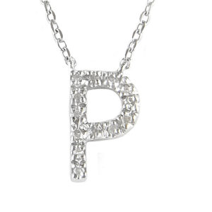 Sterling Silver Initial Round Prong Diamond Necklace (Silver Diamond Initial "p" Necklace)