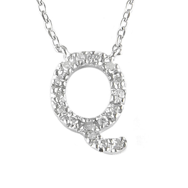 Sterling Silver Initial Round Prong Diamond Necklace (Silver Diamond Initial "q" Necklace)