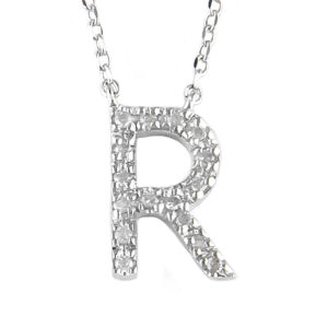 Sterling Silver Initial Round Prong Diamond Necklace (Silver Diamond Initial "r" Necklace)