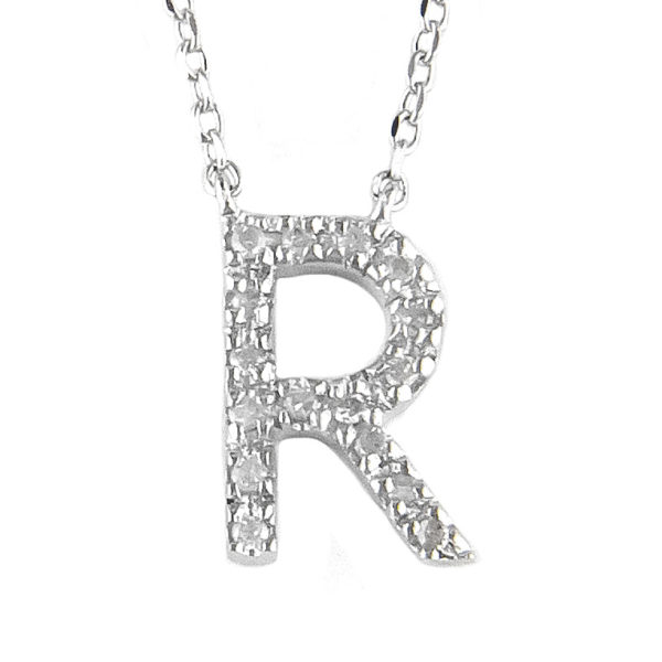 Sterling Silver Initial Round Prong Diamond Necklace (Silver Diamond Initial "r" Necklace)