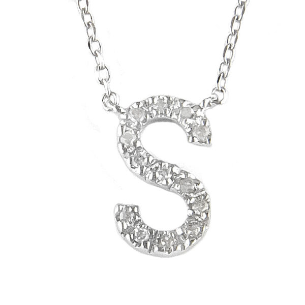 Sterling Silver Initial Round Prong Diamond Necklace (Silver Diamond Initial "s" Necklace)