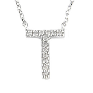 Sterling Silver Initial Round Prong Diamond Necklace (Silver Diamond Initial "t" Necklace)