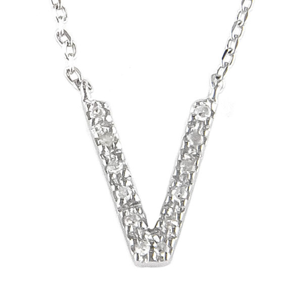 Sterling Silver Initial Round Prong Diamond Necklace (Silver Diamond Initial "v" Necklace)