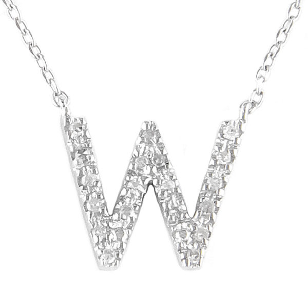 Sterling Silver Initial Round Prong Diamond Necklace (Silver Diamond Initial "w" Necklace)