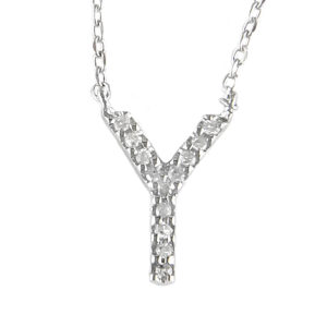 Sterling Silver Initial Round Prong Diamond Necklace (Silver Diamond Initial "y" Necklace)