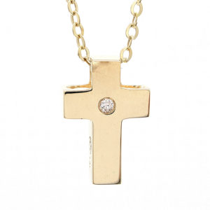 Yellow Gold Cross Round Bezel Gold Pendant (14k Yg Gold Cross W/ Diamond With 16+2" Chain)