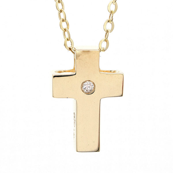 Yellow Gold Cross Round Bezel Gold Pendant (14k Yg Gold Cross W/ Diamond With 16+2" Chain)