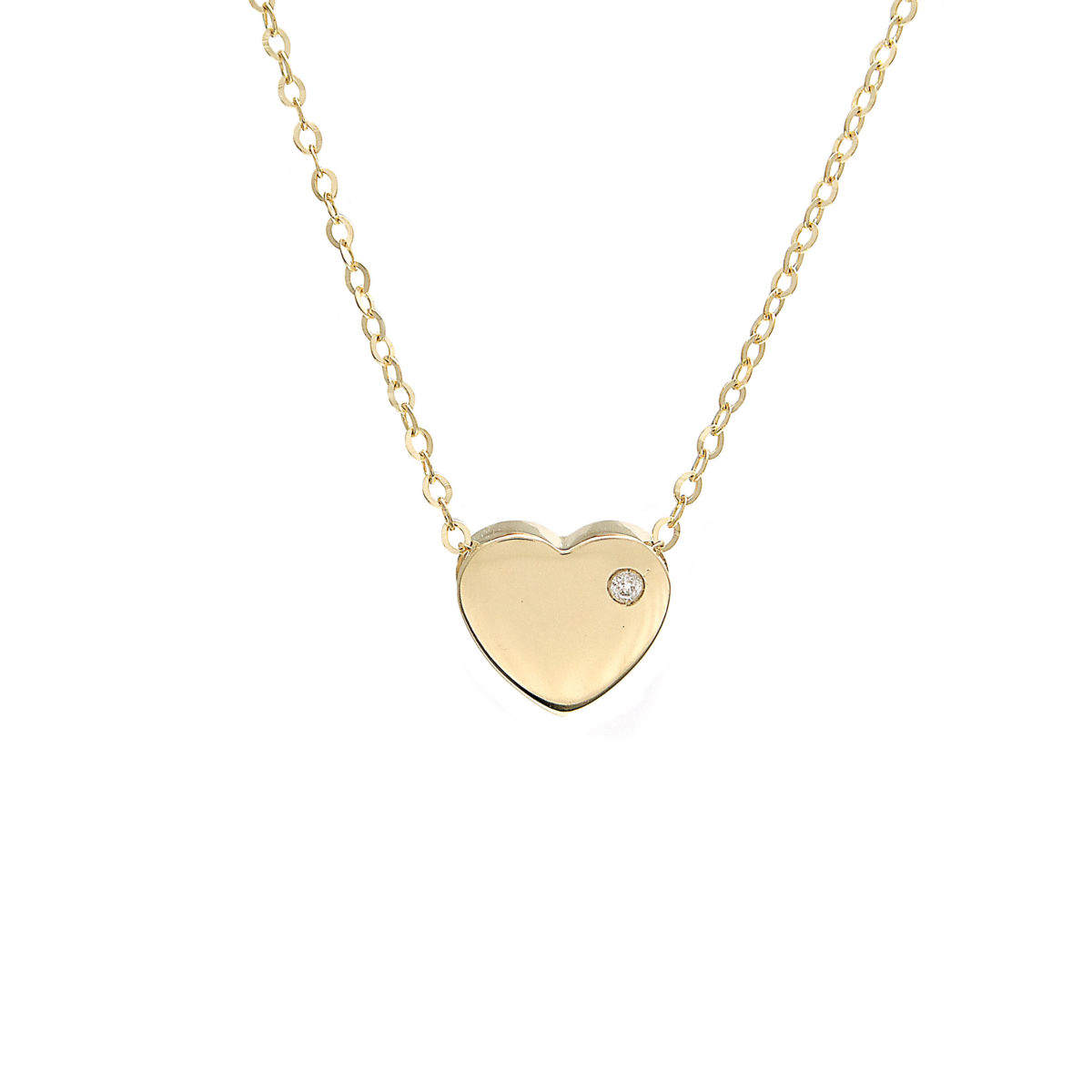 Yellow Gold Heart Round Bezel Gold Necklace (14k Yg Gold Heart W/ Diamond With 16+2" Chain)