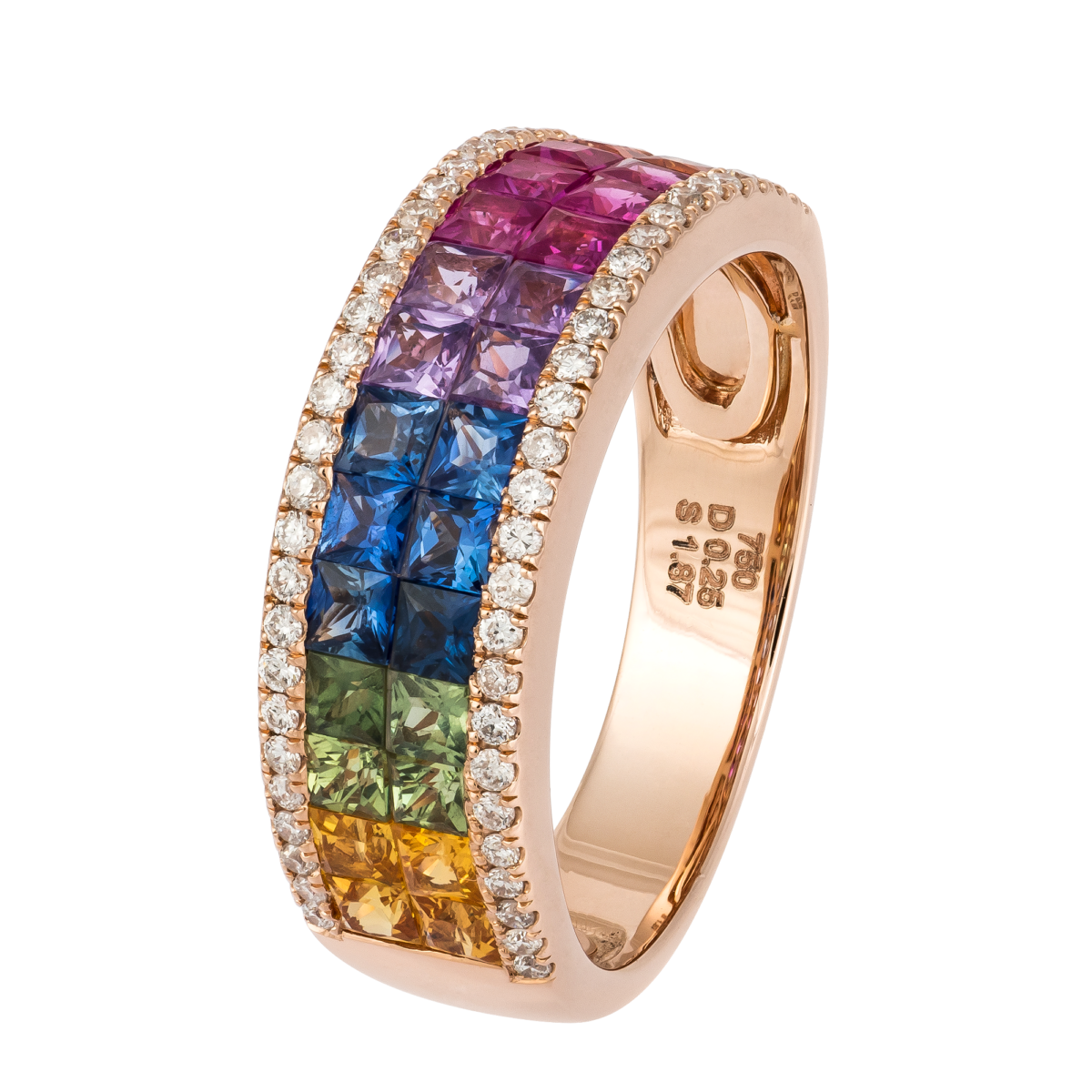 18kt rose gold multi color sapphire with white diamond ring